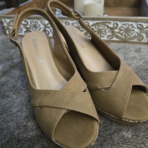Women's Tan Peep-Toe Slingback Wedge Sandals